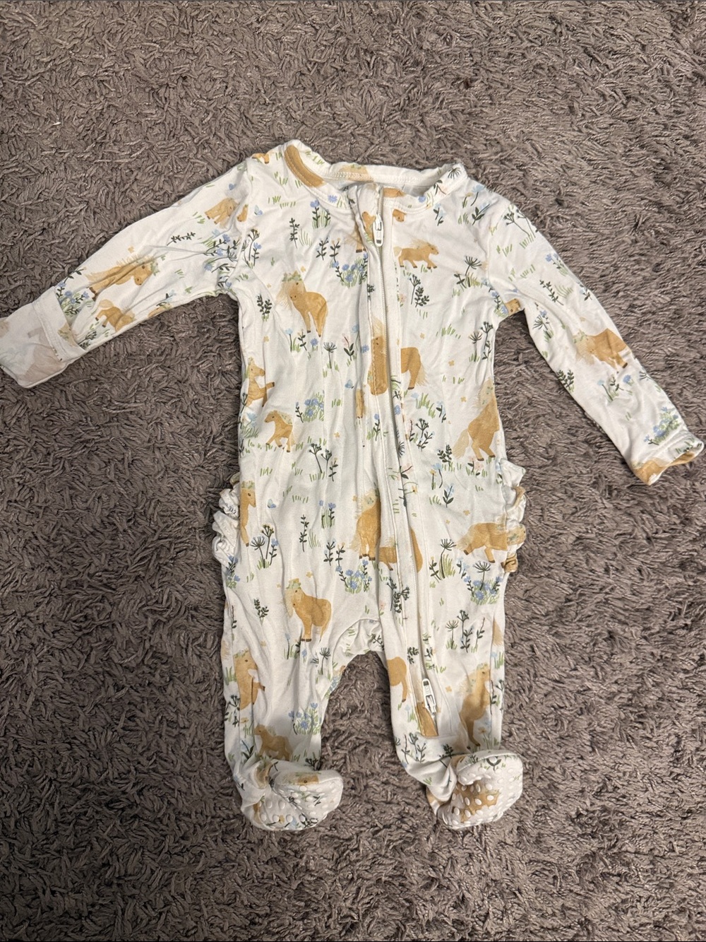 Angel Dear Cream Colored Pony Print One-Piece for Infants with Dual Zipper